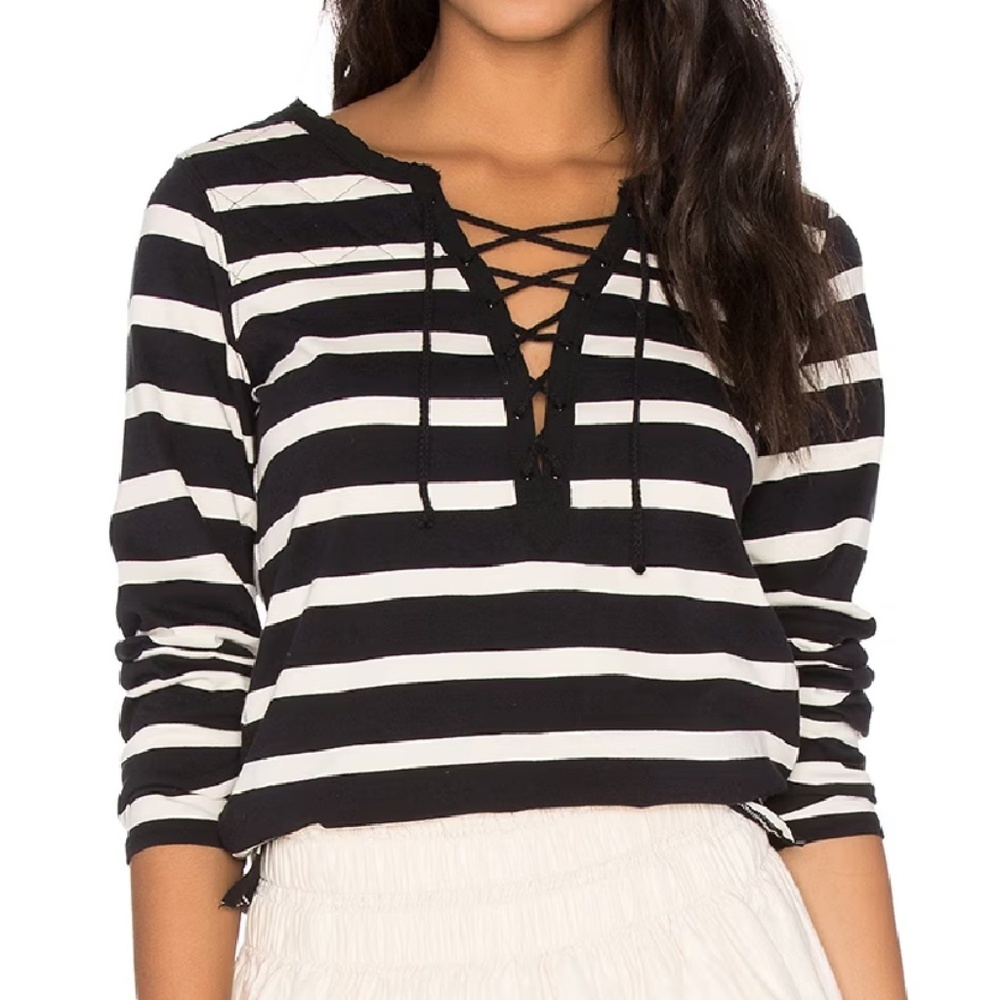 MAISON SCOTCH/ SCOTCH AND SODA LACE UP STRIPPED LONG SLEEVE TEE-1